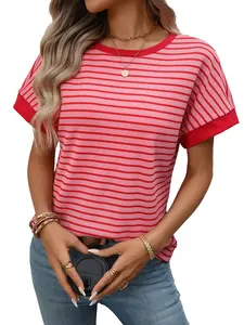 Women's Striped T-Shirts Casual Short Sleeve Tops Color Block Trim Crewneck Summer Loose Fit Tees