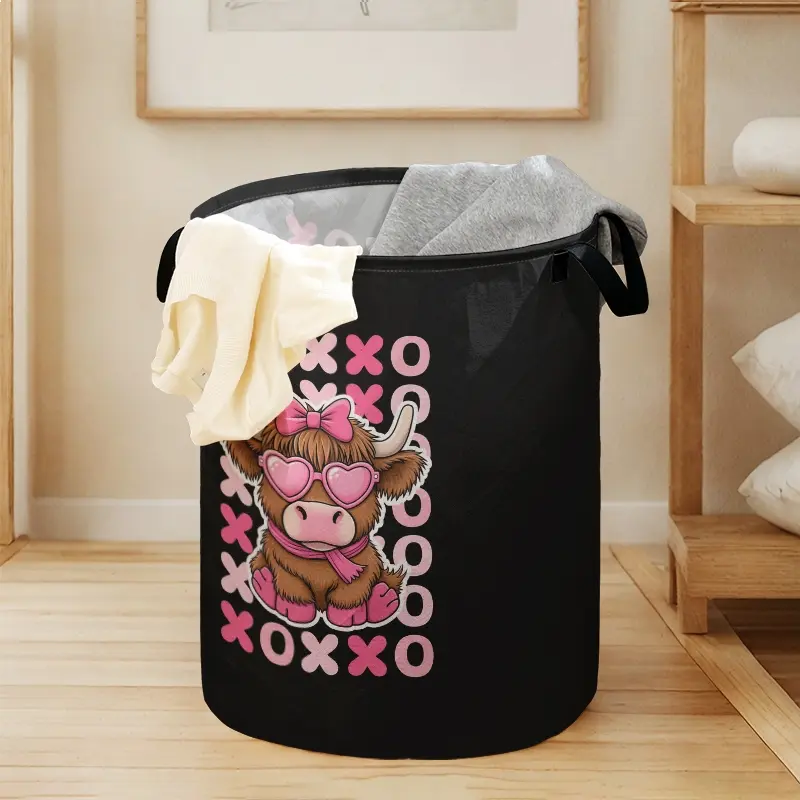 Valentine's Day Cow Print Laundry Basket with Handle, Dirty Clothes Hamper, Durable Halloween Foldable Dirty Clothes Storage, Large Capacity Toy Organizer, Collapsible Laundry Hamper