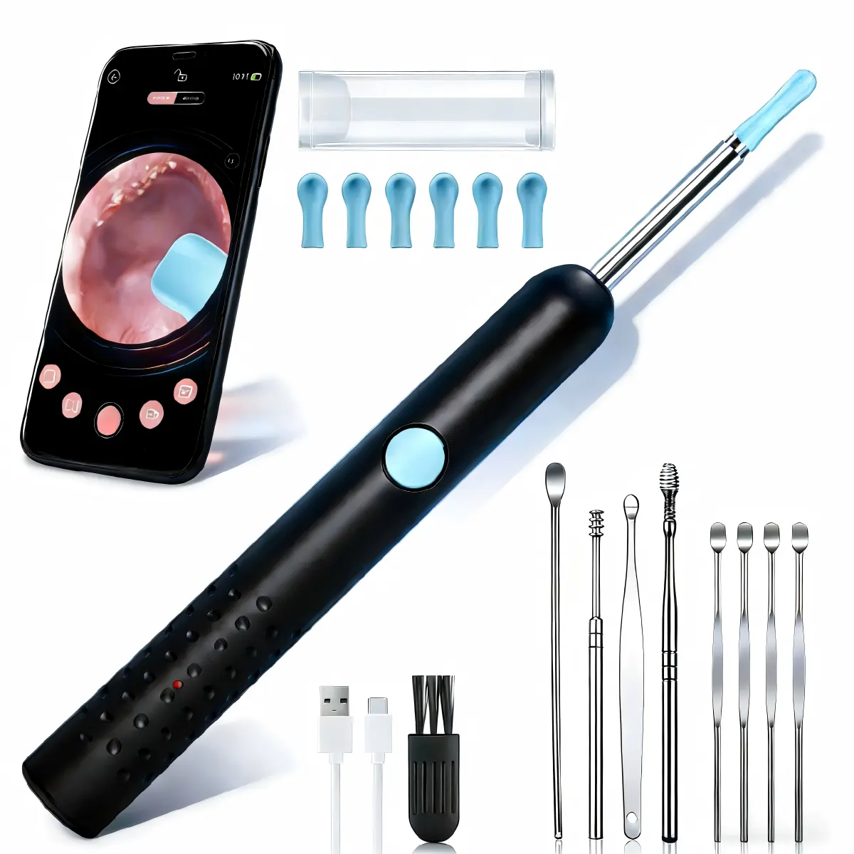 Professional Ear Wax Removal Kit with WiFi Otoscope, Visual Ear Cleaner with 6 Silicone Tips and Stainless Steel Tools, External Observation, Safe Ear Canal External Observation