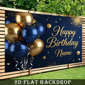 1PC,2D Flat Backdrop Happy Birthday Backdrop with Navy Blue & Gold Balloons, Customizable Name, Perfect for Party Decoration, Festival Event Photo Background, Party Scene Setup Prop, Gathering & Celebration Decor Supplies