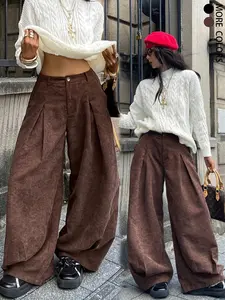 Women's Streetwear Vintage Casual Corduroy Pants, Comfortable Loose Fit, Spring & Fall Fashion, Plain Style