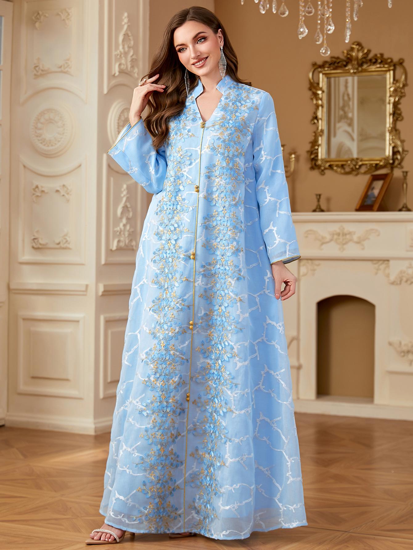 Ramadan Dubai Woman’s Abayas Embroidered Sequin Floral Patter V-Neck Elegant Casual Kebaya Muslim Long Dress