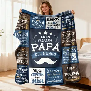 [Father'S Day Gift] Eres El Mejor Papa Del Mundo Flannel Blanket, Blue & Brown For Dad Themed Quote Patterned Throw, Cozy All-Season Sofa Bed Blanket For Dad, Soft Flannel Material