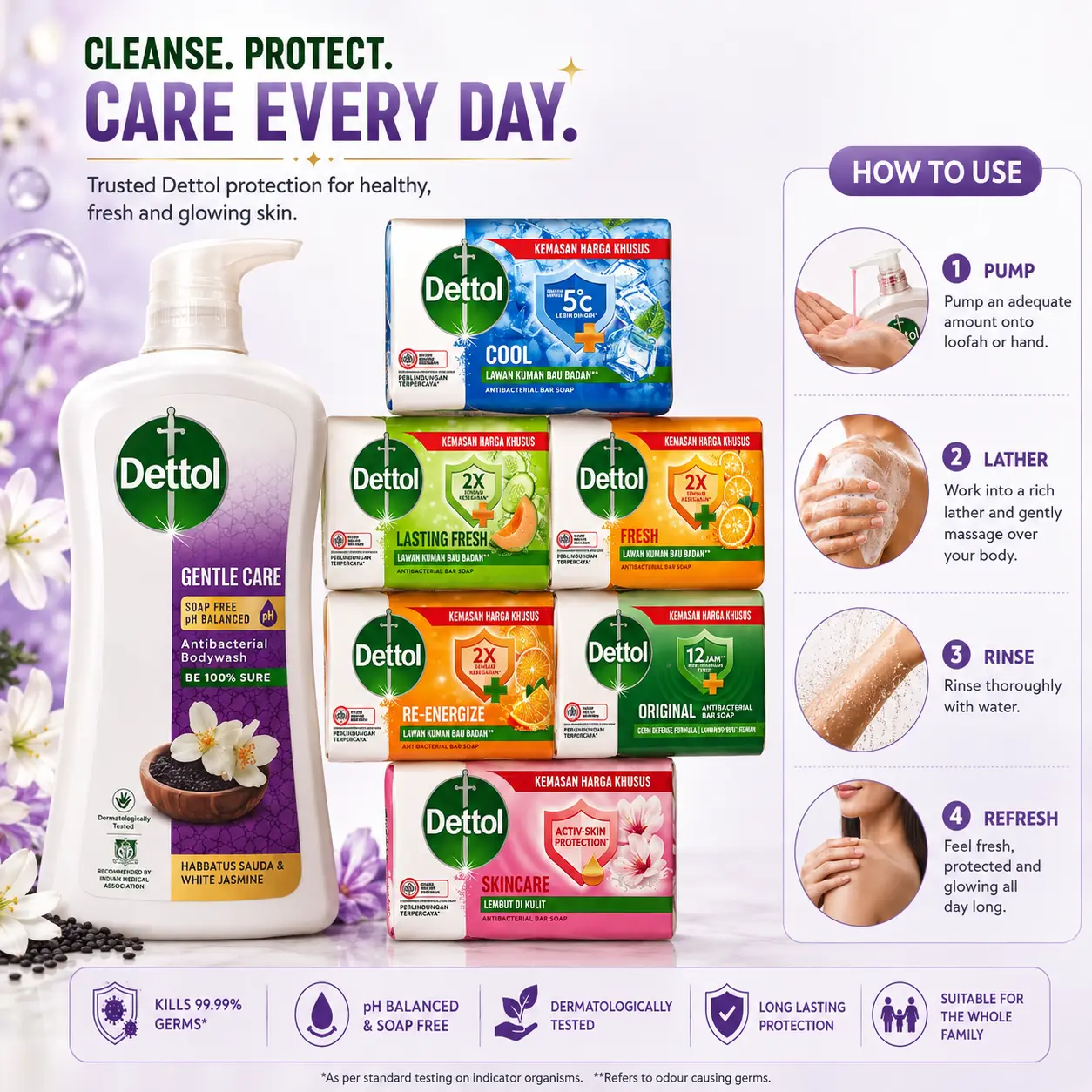 Dettol  Body Wash 900g and 4 Random Soap Each 100g (Cool, Lasting Fresh, Fresh, Re-energize, Original, Skincare)