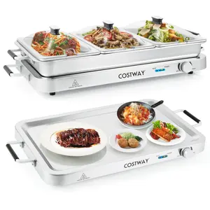 COSTWAY Buffet Servers and Warmers, 2 in 1 Electric Warming Tray, Stainless Steel Chafing Dish with Temperature Control, 3 Serving Trays, 4.5/8 Qt Food Warmers Station for Parties Banquets Events, Dishwasher Safe, Christmas Gift Black Friday Cyber Monday