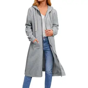 Women's Long Zip Up Oversized Drawstring Hooded Hoodie Jacket Sweatshirt