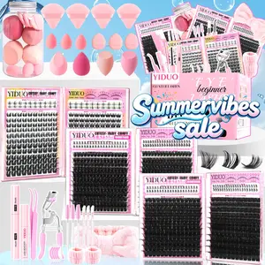 YIDUO All-in-One Eyelash Cluster Kit Cosmetic Eyelashes | 100D/150D/200D/300D, Bunny/Wispy Styles & Bottom Lashes | 5-18mm D-Curvature | Complete Tools (Bond & Seal, Remover, Tweezers, Brush, Curler & Makeup Tools) | DIY Lash Extensions at Home