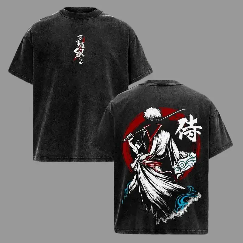 Menswear Sakata Gintoki Gintama Anime Art Short-Sleeve Round Neck Pre-Washed Vintage Heavyweight Cotton Unisex Oversize Crewneck T-Shirt, Tank Top Streetwear, Shortsleeve, Premium Cotton