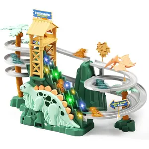 Dinosaur Climbing Stairs Toy - Electric Dino Roller Coaster Toy Track with LED Lights & Music, Automatic Chasing Race Game Playset, Birthday Dinosaur Gifts for Kids Boys Girls Ages 3+