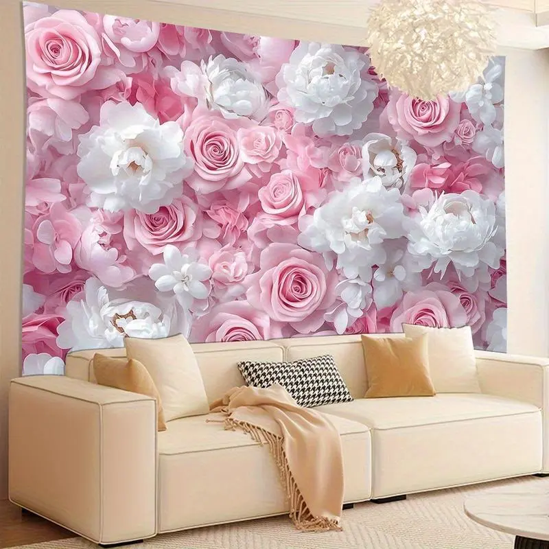 Pink And White Floral Wall Tapestry Hanging For Living Room, Bedroom, Office & Party Decor |   Easy Installation |   Durable Wall Tapestry |   Soft Peach Skin Fabric |   100% Polyester |   2D Flat |   Gift Tapestry |   Festival Decor |   Ta