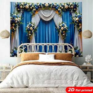 Royal Blue Rose Leaf Tapestry Wall Hanging, 2D Flat Printed Decorative Floral Curtain Backdrop, Photo Background for Wedding Party Bedroom Aesthetic Home Decor, Ideal Gift