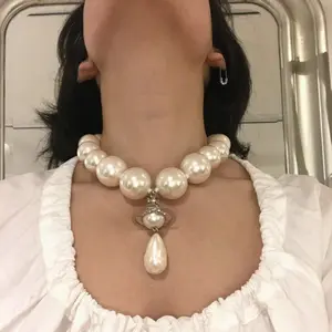 1pcs Empress West Large Pearl Water Drop Pendant Necklace Vintage Baroque Exaggerated Personality Planet Saturn Choker Necklace