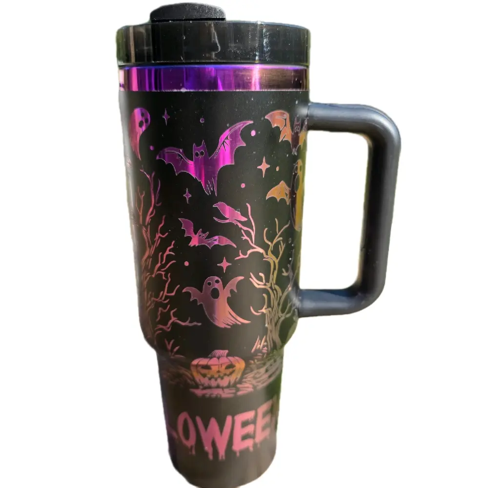 Ghost Mug with Halloween Mansion Design and Purple Glistening Accents - Spooky Bat & Pumpkin Insulated Drinkware Portable Tumbler