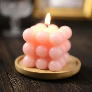 2-Pack Decorative Paraffin Wax Candles Bubble Cube Design Blush - Unscented Long Burning Pillar Candle Set 2"