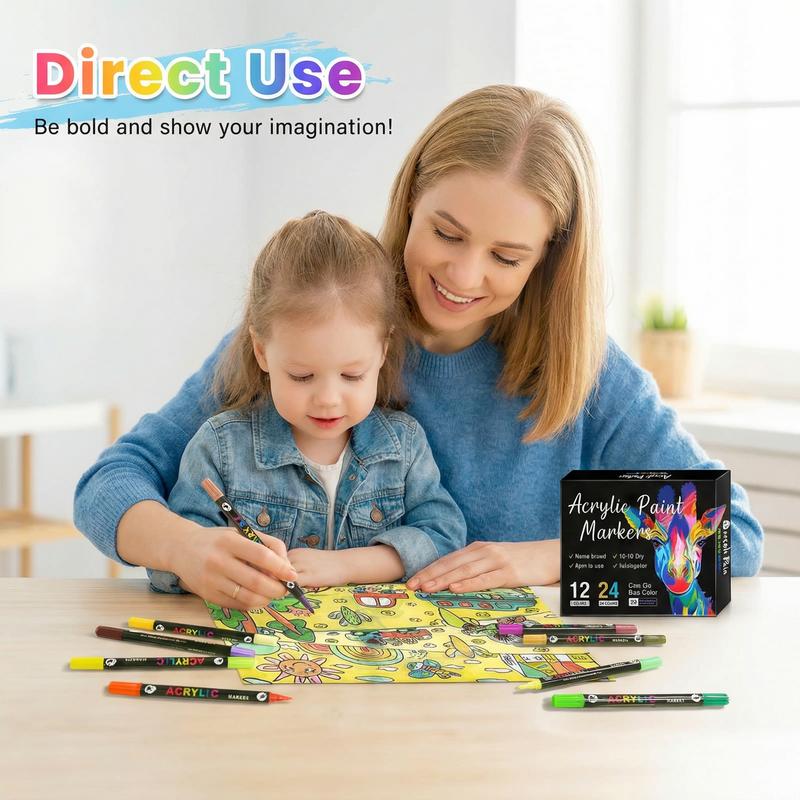 24Colors Dual Tip Acrylic Paint Pens for Rock & Glass Painting, Free Coloring Book, Creative DIY Art Gifts