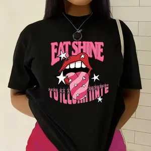 Eat Shine To Illuminate' Rolling Stones Tongue Edgy Sweet Print T-shirt American Retro Rock Style Casual Top