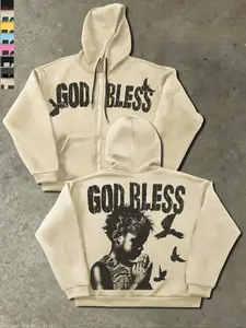 Men's 'god Bless' Spiritual Zip Hoodie, Prayer Figure + Dove Print, Soft Comfortable Fabric, Casual Streetwear, Spring & Fall