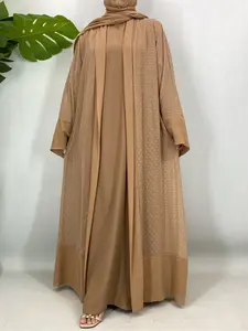 Fashionable Chiffon Muslim Abaya with Headscarf, Loose-Fit Woven Fabric, Moderate Thickening, Fall & Winter Wear, Modest Style, Modesty Abaya, Modest Muslim Outfits
