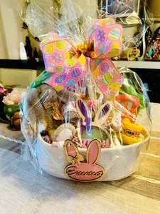 Personalized Easter Basket with Laser Cut Name Tag & Candy Shaker Bunny | Custom Kids Easter Gift