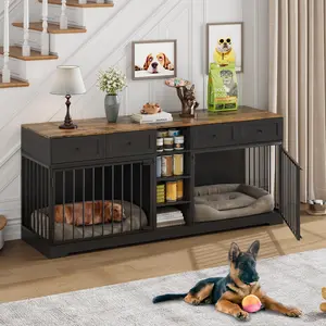 81.9" Large Dog Crate Furniture for 2 Dogs with 4 Drawers and 4 Storage Shelves, Dog Kennel Indoor for Medium Large Dogs, Black