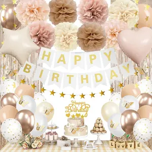 Happy Birthday Decorations Kits for Women Girls,Champagne- Beige Fall Boho Birthday Party Decorations with Foil Balloons,Birthday Banner, Banner,Fringe Curtain,Cake Topper
