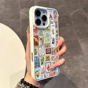 Magnetic Compatible Case for iPhone 17 16 E Pro Max 15 Plus 14 13 12 11 XS XR, Kawaii Vintage World Stamps Collage Pattern | Lightweight, Shockproof, Silicone, Aesthetic, and Scratch Resistant