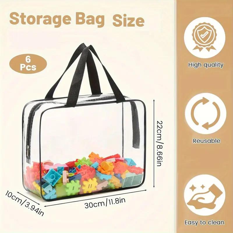 6-Pack Large Toy Storage Bags with Zipper Thickened PVC Waterproof Transparent Organizer for Building Blocks Puzzles Cosmetics & Stationery