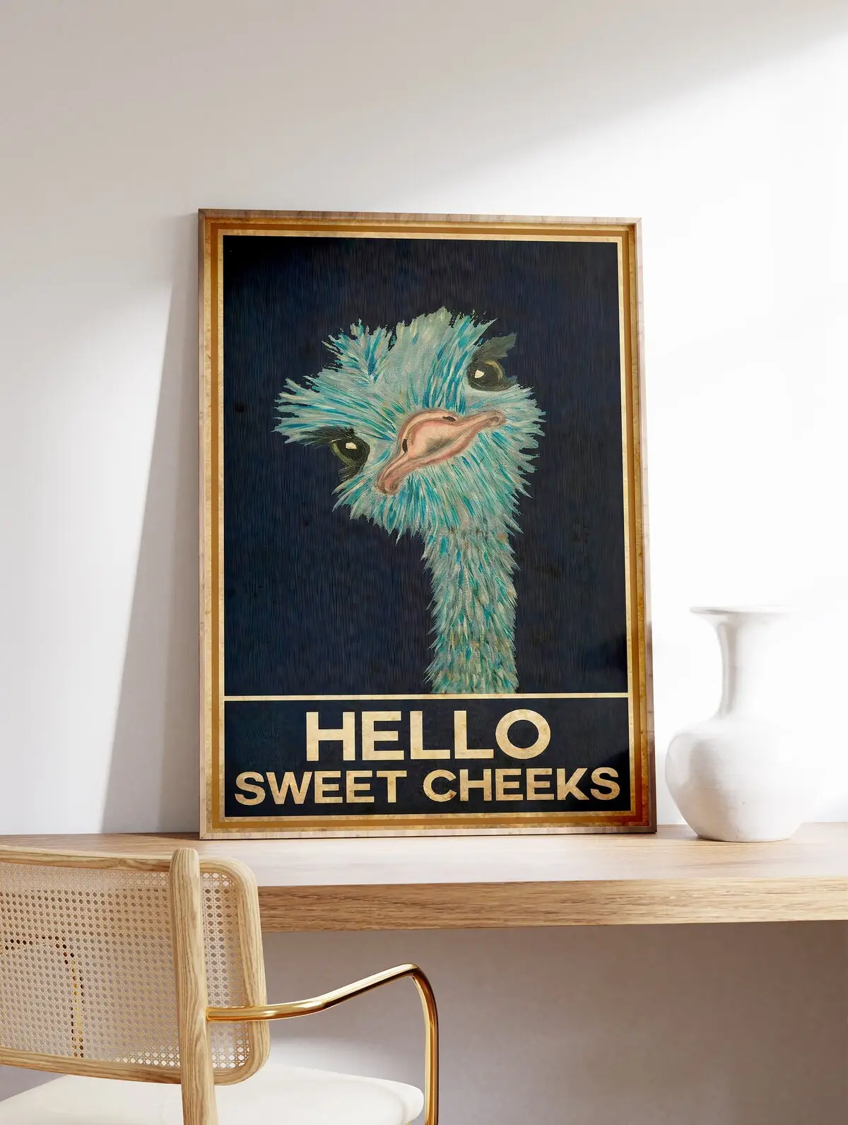 Ostrich Hello Sweet Cheeks Poster, Funny Comedy Animal Art Print, Gift Idea, Wall Art Decor, Vintage, Quote Design, Comical Funny Poster