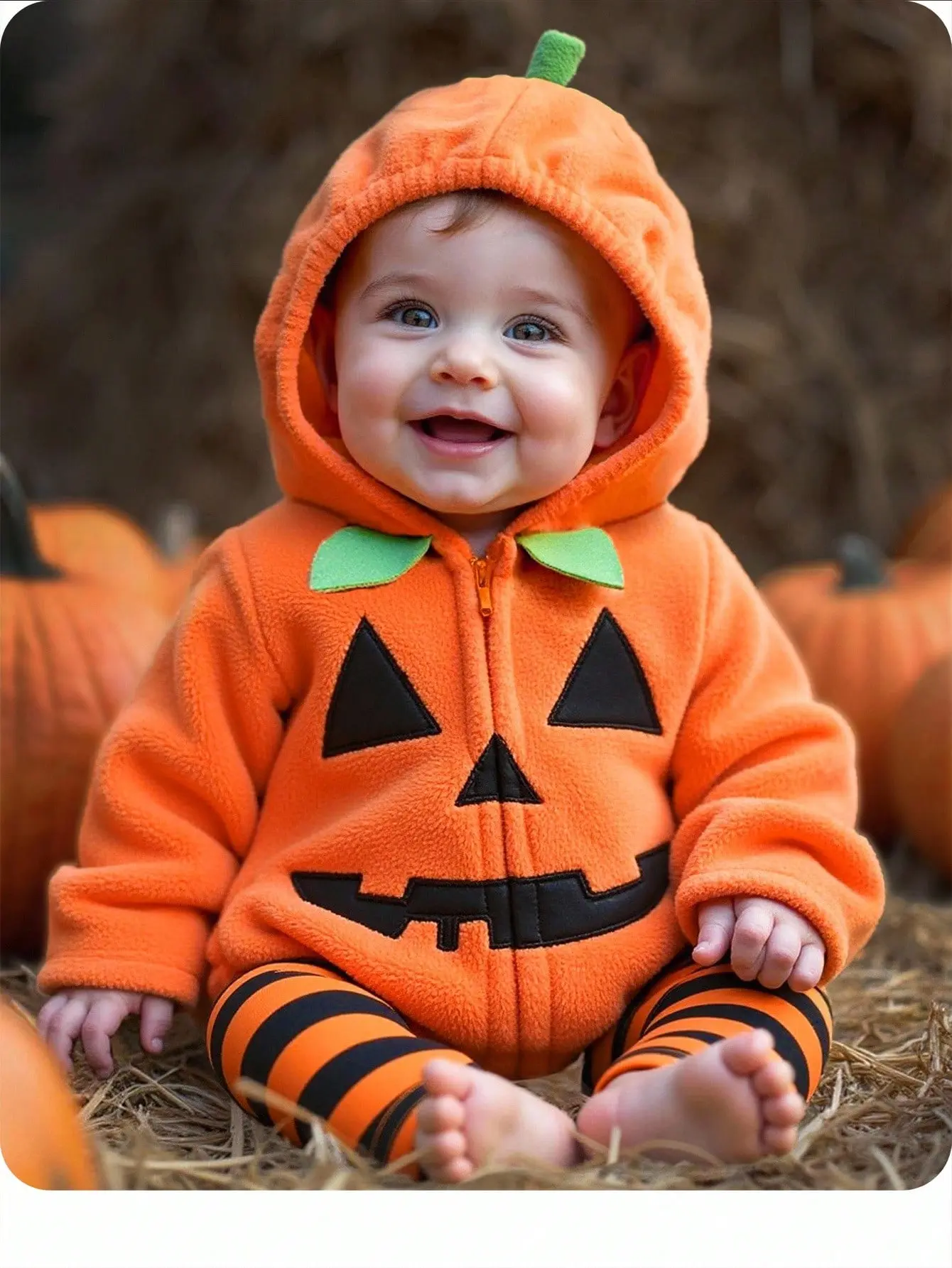 Baby Halloween Cute Orange Hooded Romper & Striped Pants 2-Piece Set Halloween Costumes Suitable For Babies,Halloween Festival Outfits