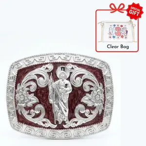 San Judas Tadeo Belt Buckle - Hebilla de San Juditas, Silver Western Cowboy Rodeo Style, Maroon Background, Mexican Religious Jewelry for Men