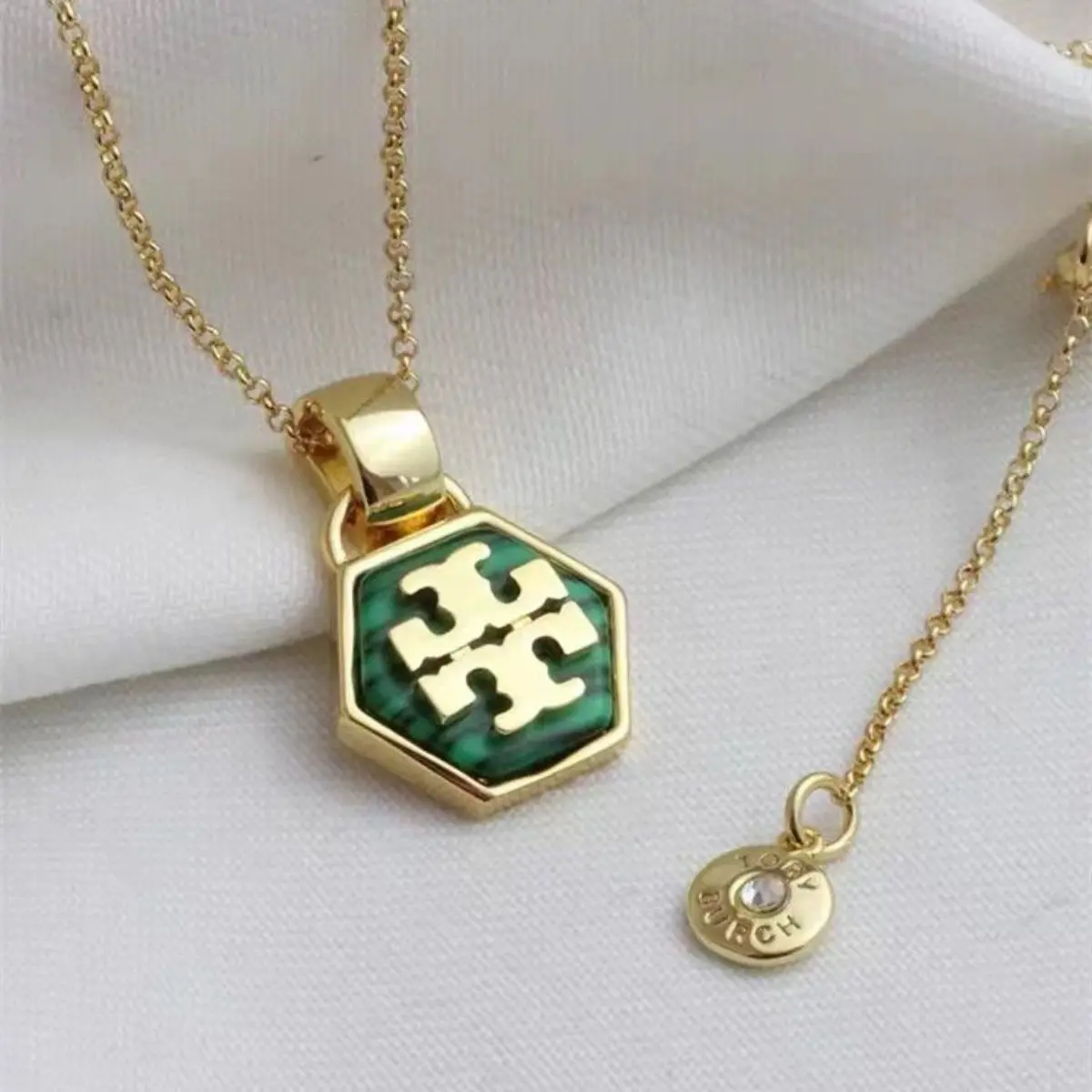 Tory Burch Hexagonal Malachite Pattern Pendant Necklace Women Jewelry