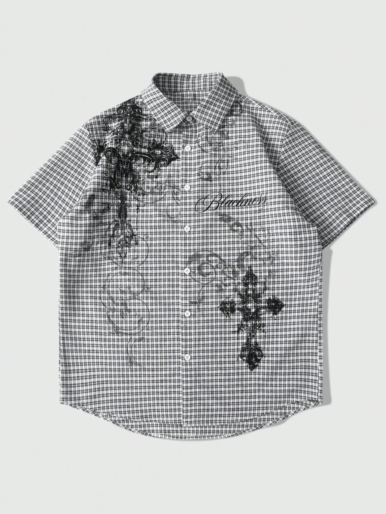 Men's Patterned Checkered Embroidery Shirt, Casual Short Sleeve Button-Up Collared Shirt for Daily Wear