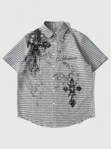 Men's Fashion Embroidery Patterned Shirt, Casual Short Sleeve Button-Up Collar Fitted Shirt, Stylish Outwear for Daily Wear, Comfortable and Trendy Design