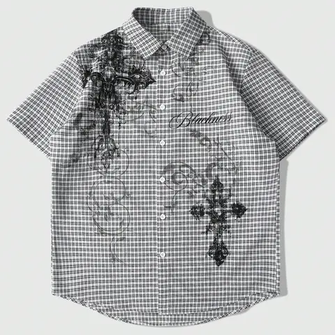 Men's Patterned Checkered Embroidery Shirt, Casual Short Sleeve Button-Up Shirt for Daily Wear, Trendy Casual Shirt