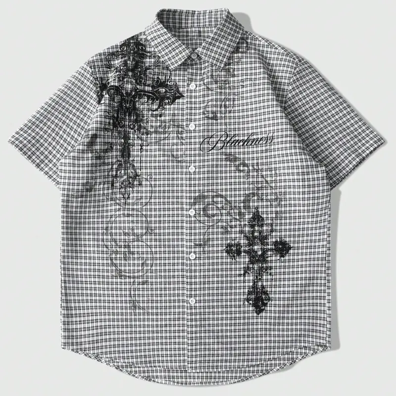 Men's Patterned Checkered Embroidery Shirt, Casual Short Sleeve Button-Up Shirt for Daily Wear, Trendy Casual Shirt
