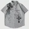 Men's Patterned Checkered Embroidery Shirt, Casual Short Sleeve Button-Up Shirt for Daily Wear, Trendy Casual Shirt