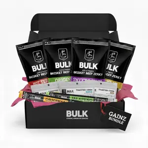 Bulk Beef Jerky I Gainz Box - Starter Kit - 4 All-Natural Brisket Bags 2.25 oz x 2 Meat Sticks 1 oz x 3 Toasted Corn Bags