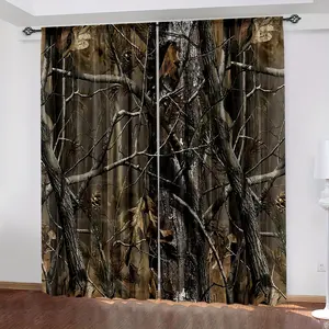 2 Piece Camouflage Tree Curtains with Oak Branch and Leaf Design, Perfect for Hunting Lodge or Cabin Bedroom Decor