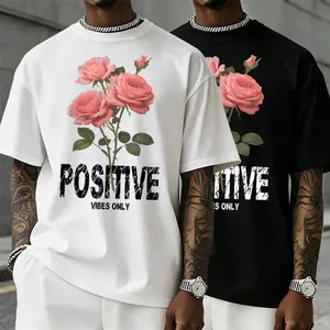Men’s “Positive Energy” pink rose print T-shirt with motivational graphic, 100% pure cotton. A TikTok trend for 2025, featuring a loose oversized fit for urban street casual wear. Selected under $10—a perfect choice for retro parties and streetwear looks.