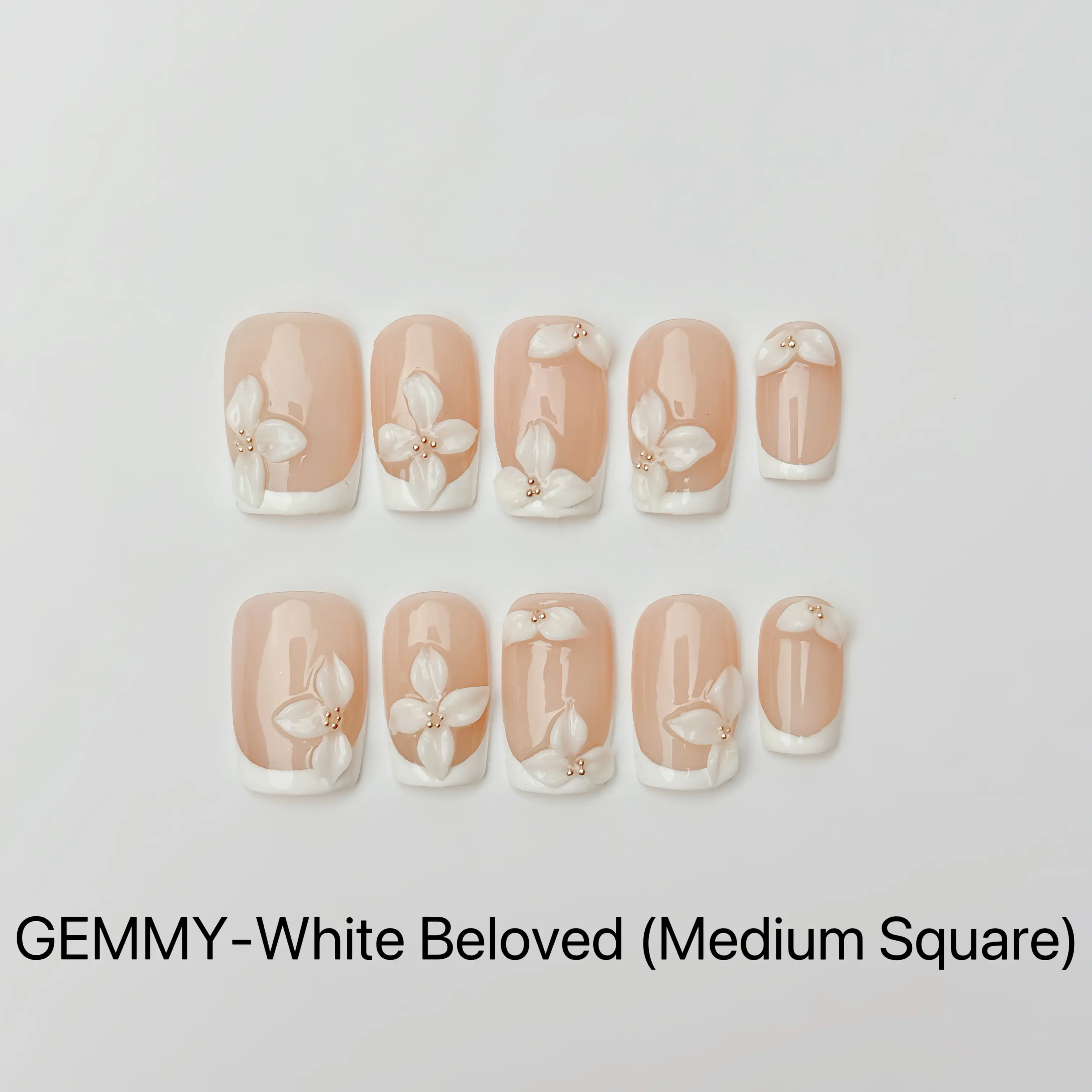 GEMMYNail White Beloved 100% Handcrafted 3D Press-On Nails | Reusable, Long-Lasting, Salon-Quality