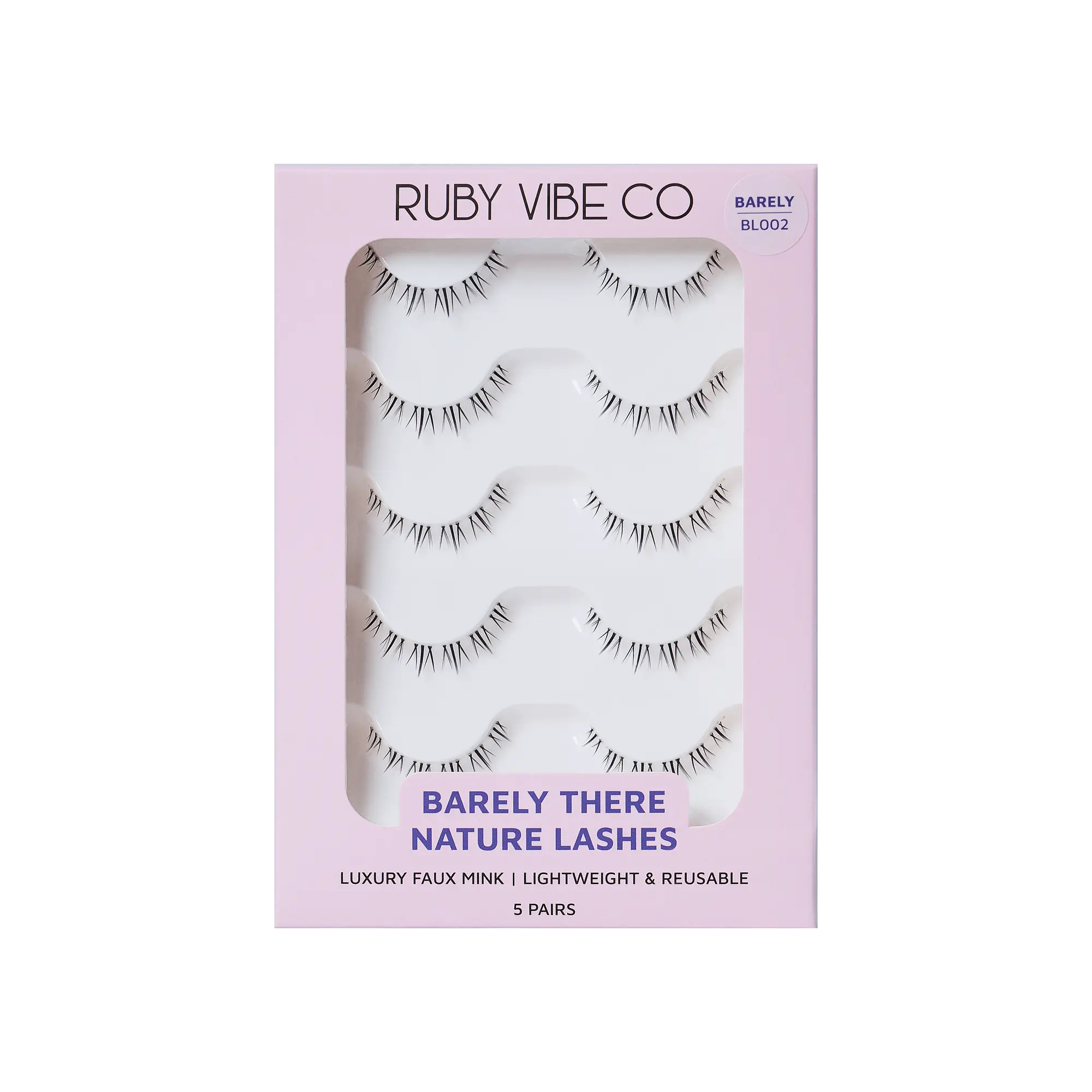 RUBY VIBE CO Light Flutter BL002 Natural Strip Lashes, Clear Band Lightweight False Eyelashes, Wispy Everyday Lash Strips, Vegan Reusable, 5 Pairs