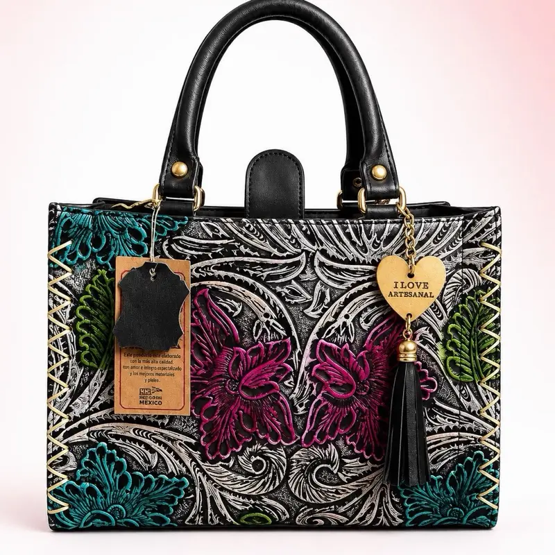Bolsa piel $80 - Mexican Leather Bag Hermosa Bolsa de Piel 100% Ternero with Floral Embroidery & Gold Charm Artisanal Handcrafted Chiapaneco Handbag, bolsa artesanal mexicana