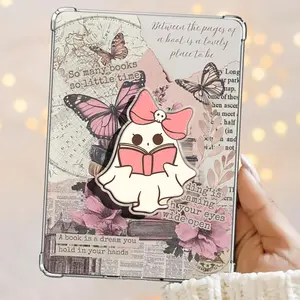 Cute Adorable Pink Bow Ghost Reading a Book Coquette Kindle Grip Book Bookish Magnetic Kindle Grip Book Lover Kindle Accessories Phone Holder PopSocket Phone Grip Magnetic Pop Socket Phone Grip