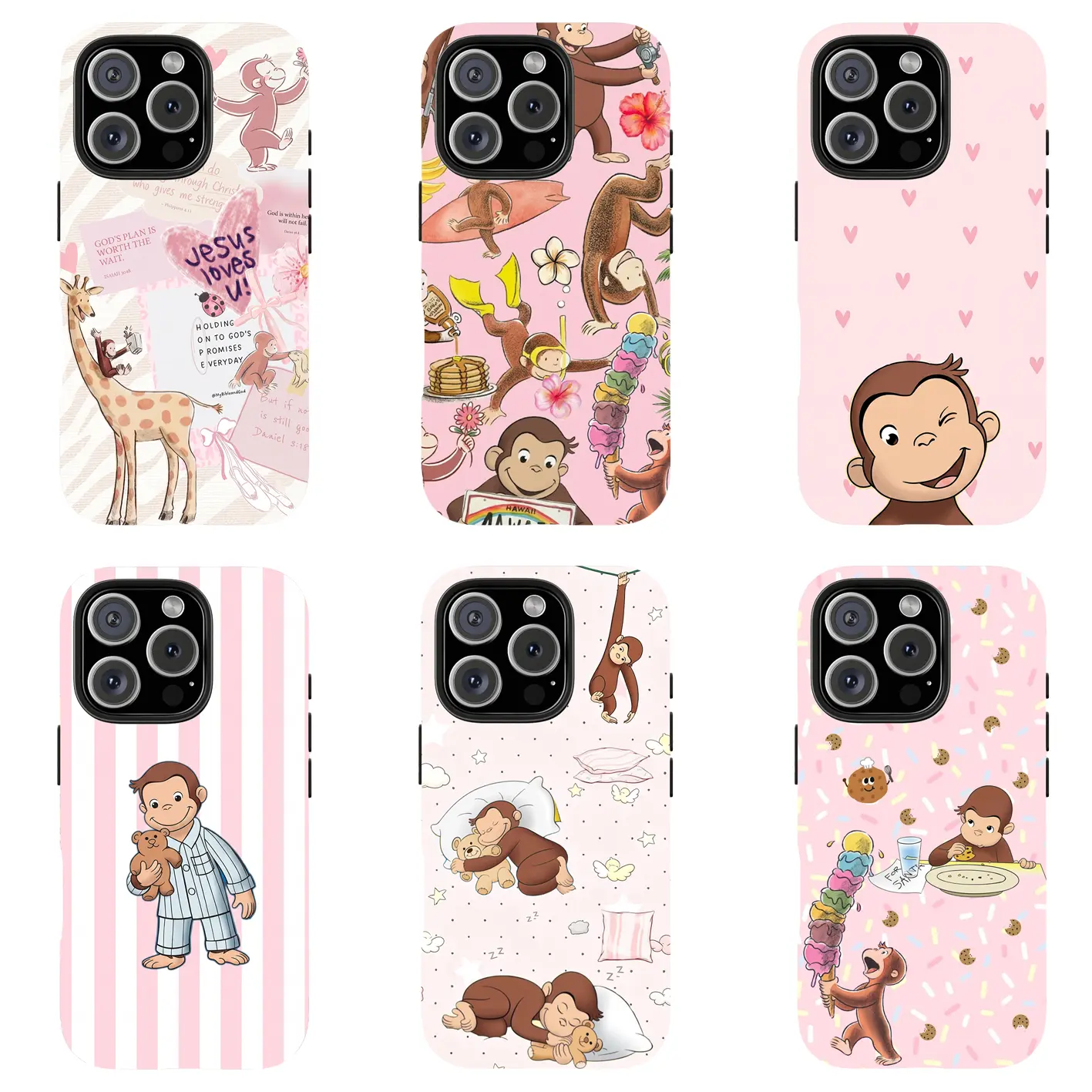 Cute Pink Curious George Cartoon Print Phone Case - Kawaii Shockproof Protective Cover for iPhone Series