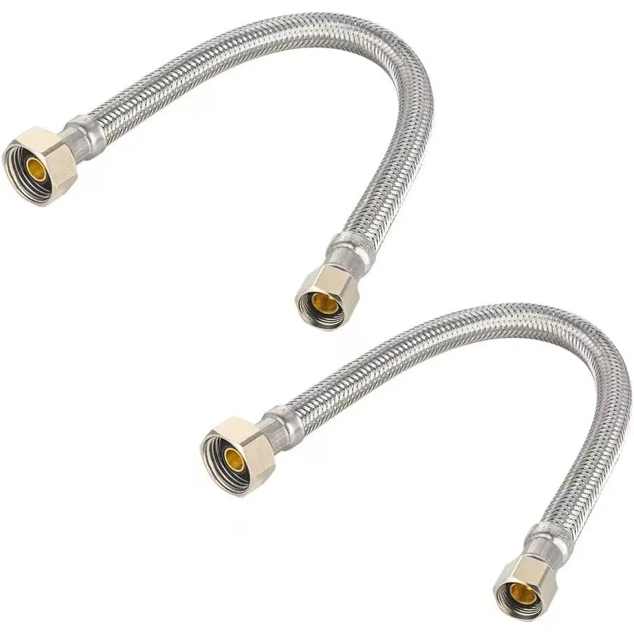 2-Pack Stainless Steel Braided Faucet Supply Lines - 12-in 1/2-in FIP x 3/8-in COMP Faucet Hoses (HOSE043), 1/2 Inch, Braided Supply Line