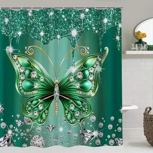 Luxury Gemstone Butterfly Shower Curtain Set, Gradient Background, Includes 12 Hooks, Non-Slip Mat, Toilet Lid Cover, Home Bathroom Decor, Bathroom Decoration Accessories, Shower Essentials