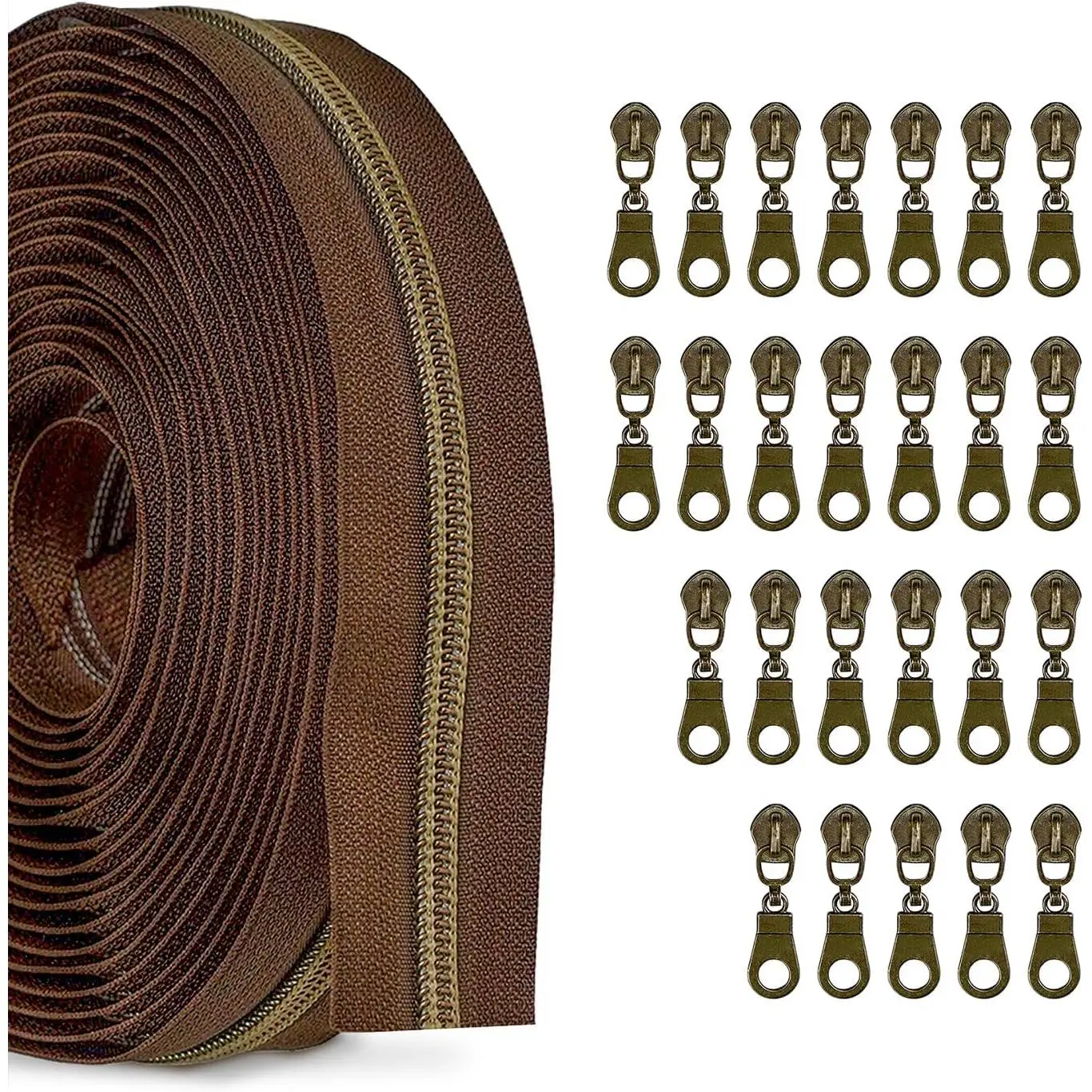 #5 Zipper by The Yard with Pulls, Continuous Brown Tape (10Yds) and Antique Brass Pulls (25Pcs), Bulk Zippers for Sewing Bags and Purses, Cuttable Nylon Zipper Roll