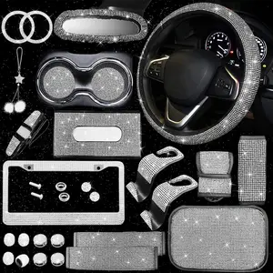25PCS Bling Car Car Accessories Set,15 Inch Steering Wheel Cover,Shiny License Plate Frame,Center Console Cover and Rearview Mirror Set and Other Car Accessories(White)