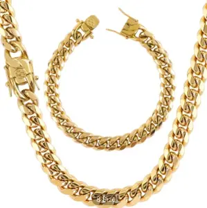 Miami Cuban Link Chain Set for Men Stainless Steel 10mm Lock Curb Punk Bracelet Necklace Chains Hip Hop Set