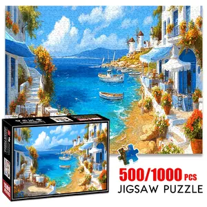 1pc 1000 piece adult puzzle 70x50cm Seaside Tavern with Boats, Windmills and Flower - adorned Buildings 500 pieces of paper jigsaw puzzle, suitable for adults and families, large-scale DIY puzzle